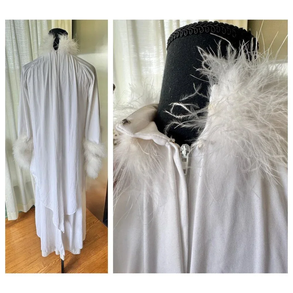 RARE vintage 1970s peignoir, marabou feather trim, angel sleeves, glam Hollywood - Picture 7 of 9